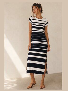 Chico's Travelers Size 2 Navy White Striped Stretch Midi Dress